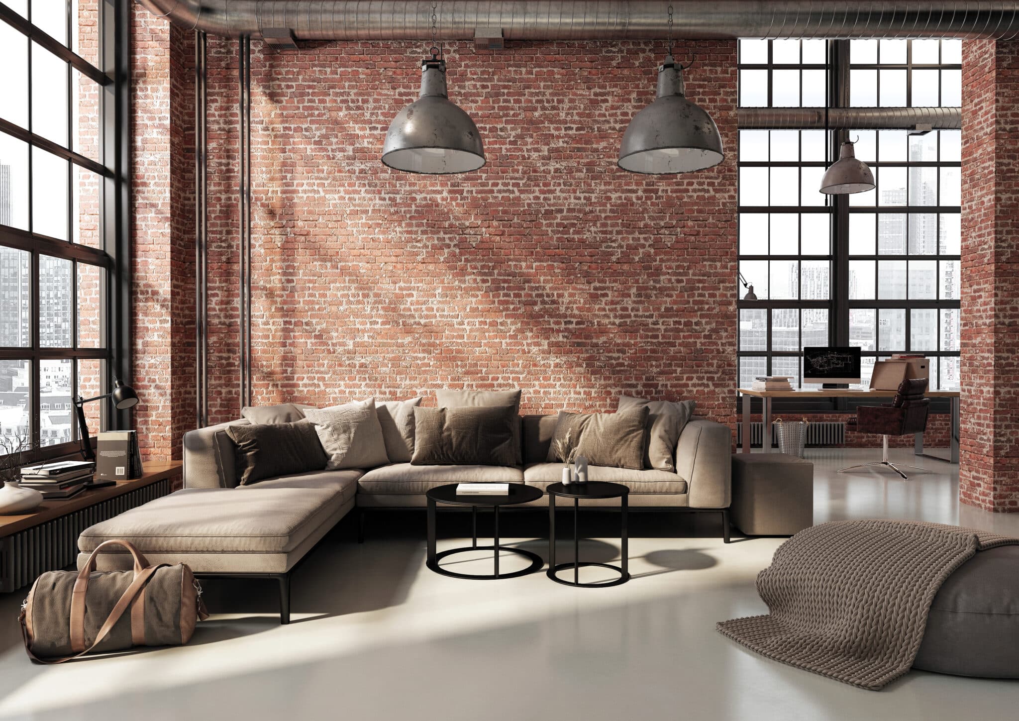 Modern loft living room with raw brick walls, HVAC.